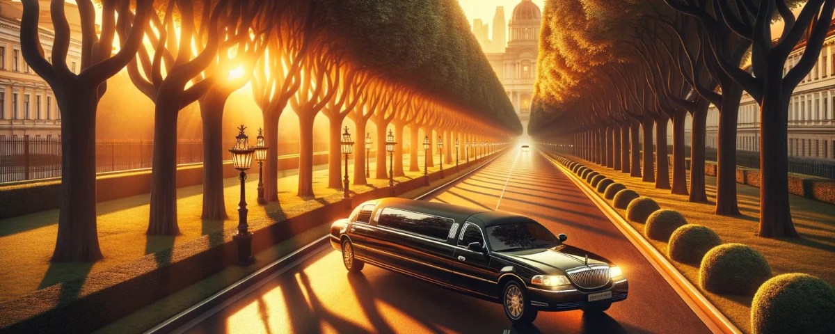 A luxurious limousine glides down a picturesque, tree-lined boulevard at sunset. The boulevard is adorned with well-manicured gardens on either side,