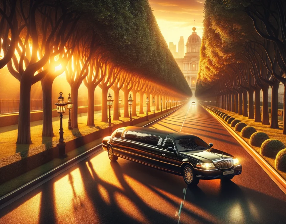 A luxurious limousine glides down a picturesque, tree-lined boulevard at sunset. The boulevard is adorned with well-manicured gardens on either side,