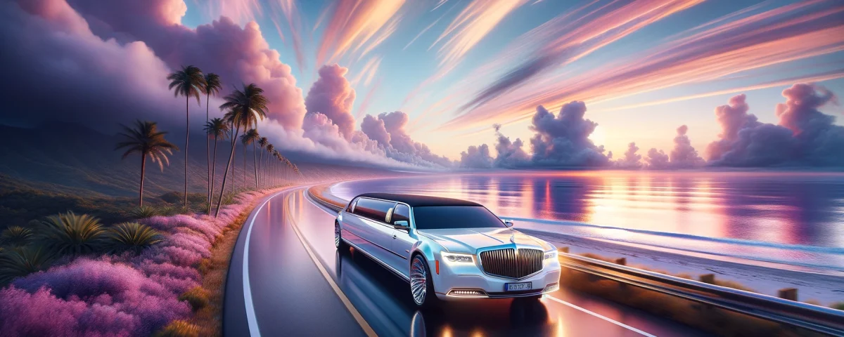 Envision a scene of unparalleled luxury_ A gleaming white limousine cruises along a coastal road at dawn. The sky is a canvas of soft pastels, with st