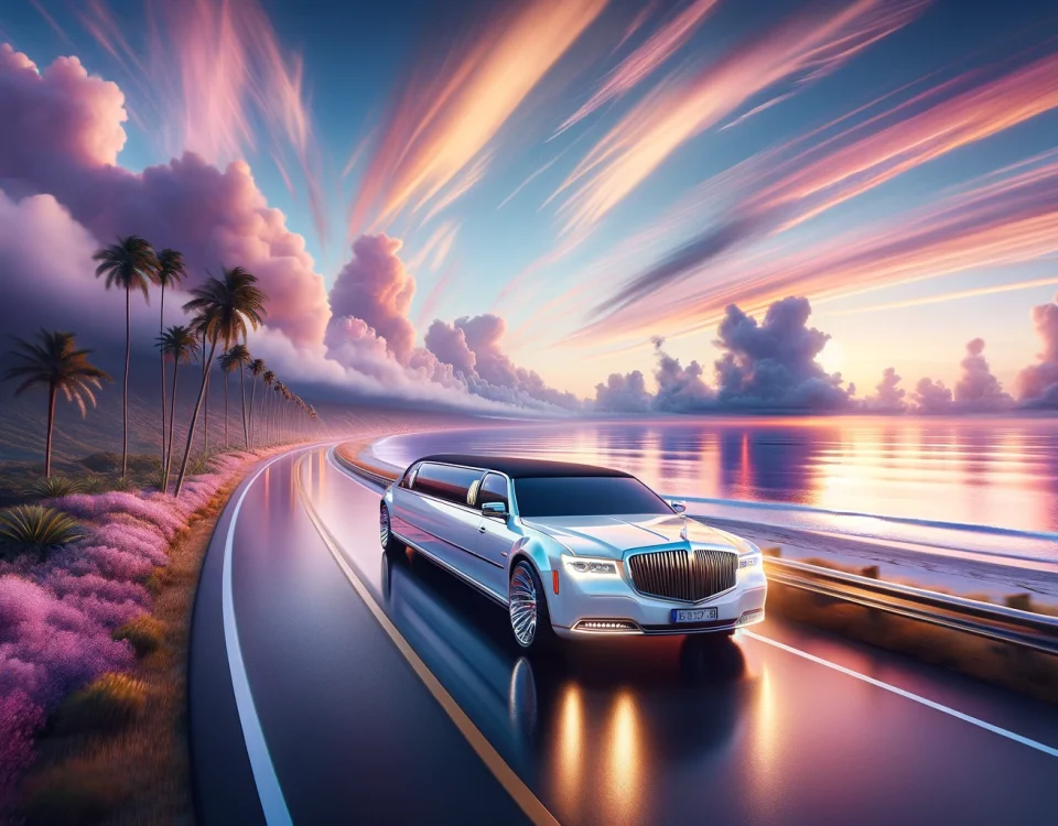 Envision a scene of unparalleled luxury_ A gleaming white limousine cruises along a coastal road at dawn. The sky is a canvas of soft pastels, with st