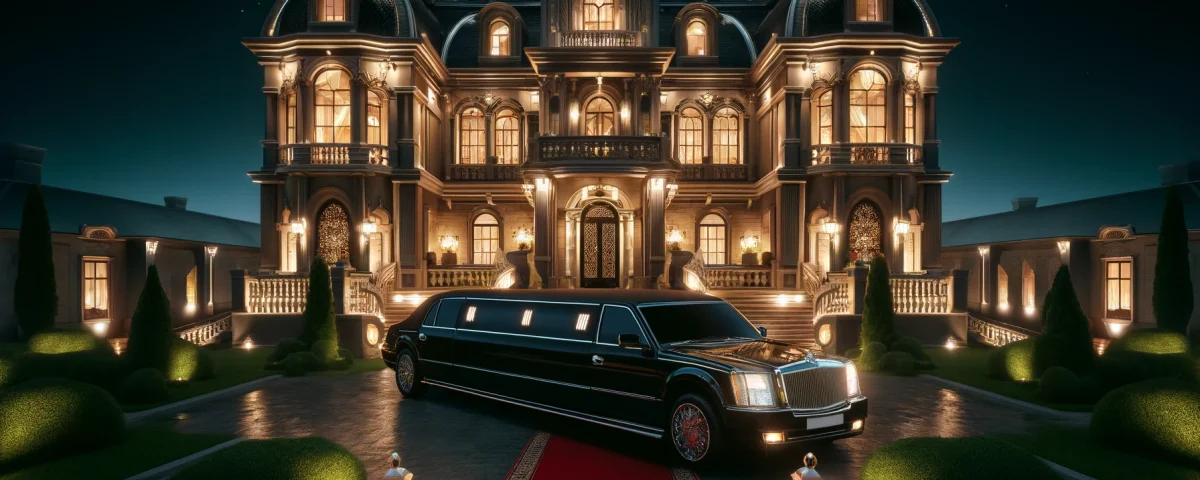 luxurious stretch limousine parked in front of an opulent mansion at night. The mansion is illuminated by an array of lights, casting a warm