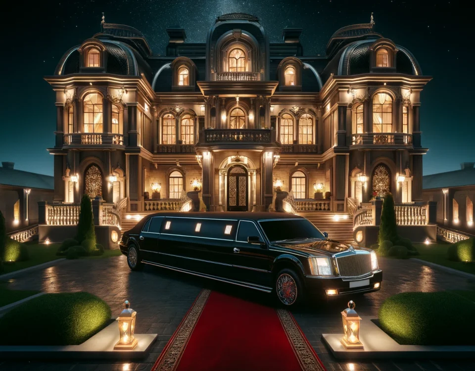 luxurious stretch limousine parked in front of an opulent mansion at night. The mansion is illuminated by an array of lights, casting a warm